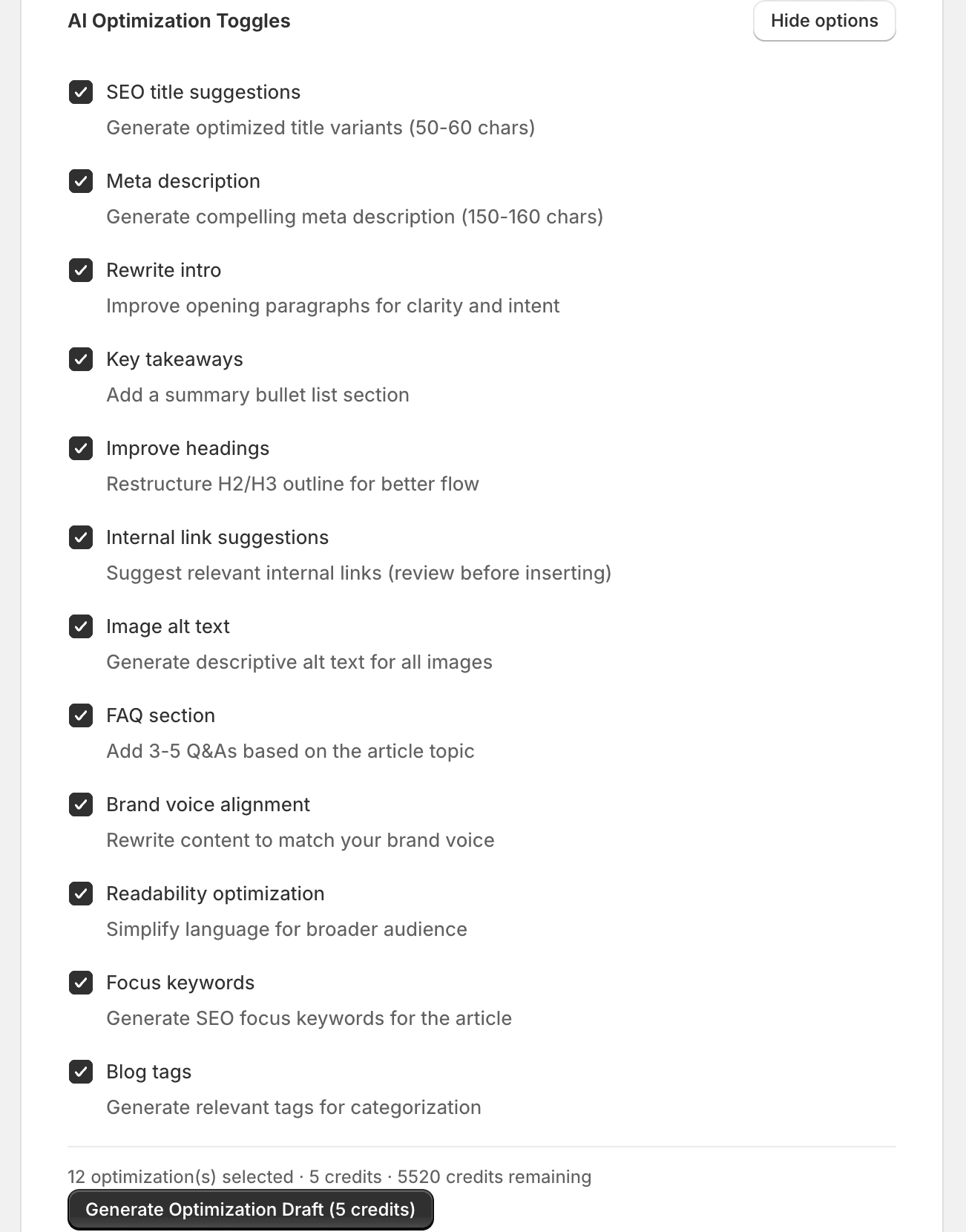 AI optimisation options panel showing available actions for blog post SEO improvement