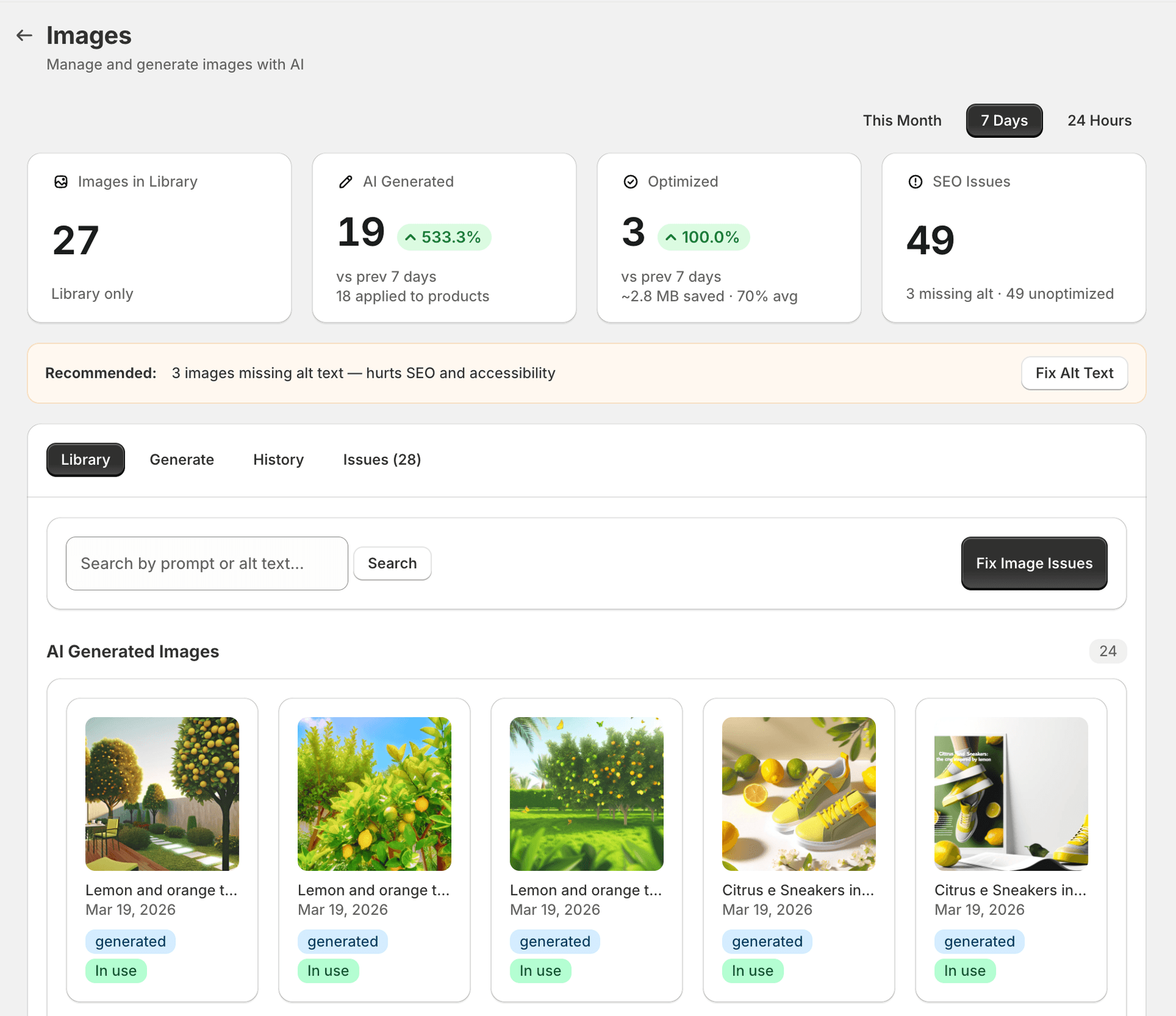 Image library overview showing all store images with alt text status, file size, and format details