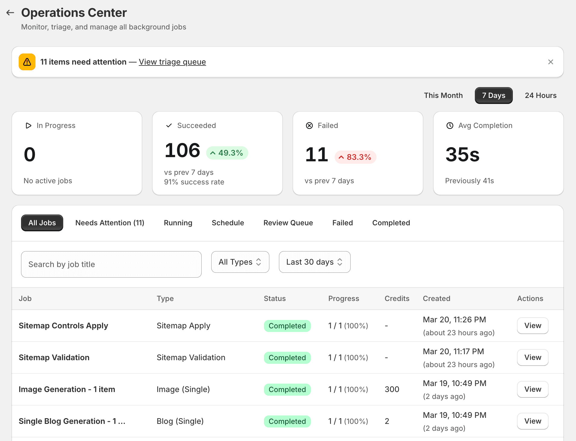 Operations Center dashboard showing job statistics, triage queue, and recent operations with status and progress